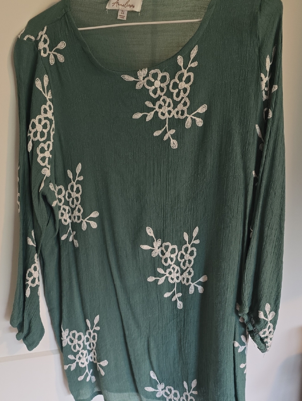 Green Floral Embroidered Tunic Top by